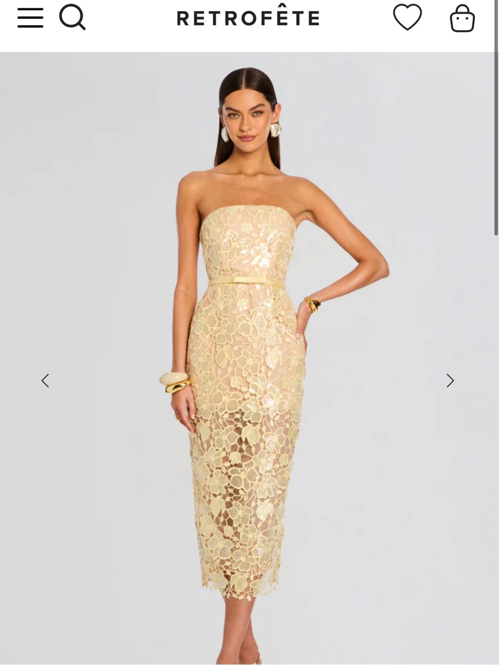 Retrofete Yellow Lace Midi Dress with Nude Slip